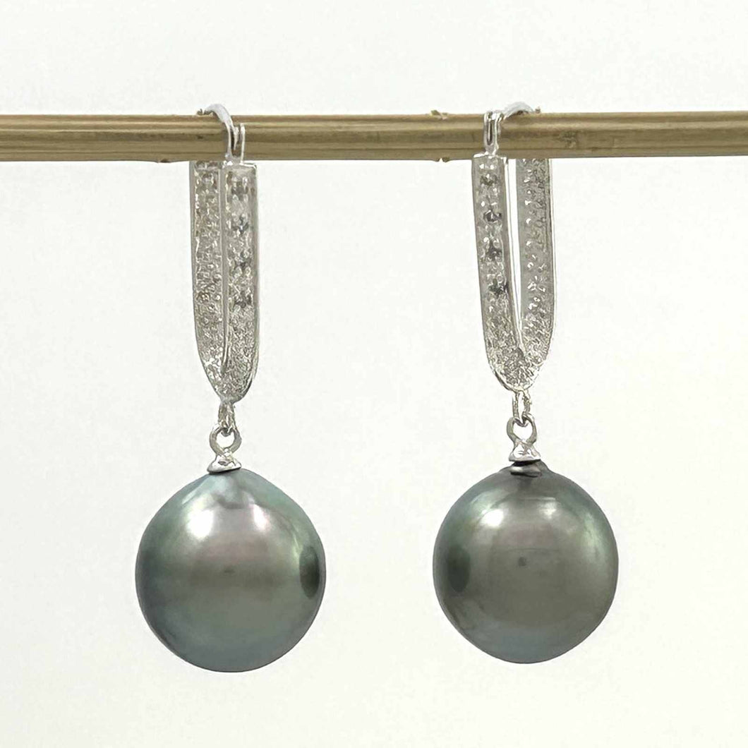 Elegant Black Baroque Tahitian Pearl Diamond Dangle Earrings – 14k White Gold