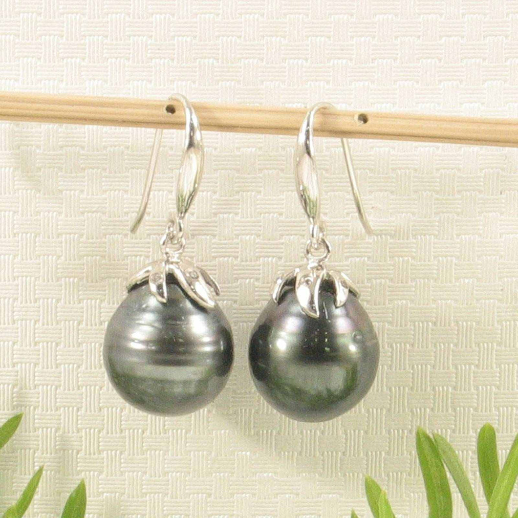 Embed Diamonds & Tahitian Pearl Dangle Earrings – 14k White Gold