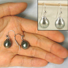 Load image into Gallery viewer, 14k White Gold Flower Cap Fish Hook Pale Black Tahitian Pearl Earrings