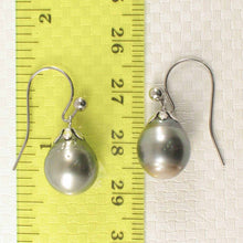 Load image into Gallery viewer, 14k White Gold Flower Cap Fish Hook Pale Black Tahitian Pearl Earrings