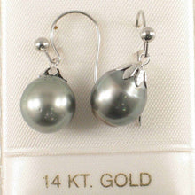 Load image into Gallery viewer, 14k White Gold Flower Cap Fish Hook Pale Black Tahitian Pearl Earrings