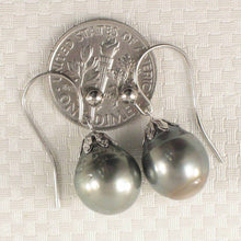 Load image into Gallery viewer, 14k White Gold Flower Cap Fish Hook Pale Black Tahitian Pearl Earrings