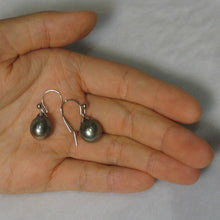 Load image into Gallery viewer, 14k White Gold Flower Cap Fish Hook Pale Black Tahitian Pearl Earrings