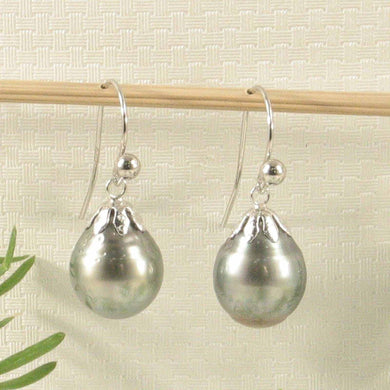 14k White Gold Flower Cap Fish Hook Pale Black Tahitian Pearl Earrings