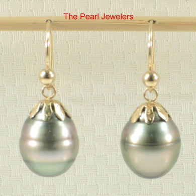 14k Yellow Gold Flower Cap Fish Hook Black Tahitian Pearl Earrings