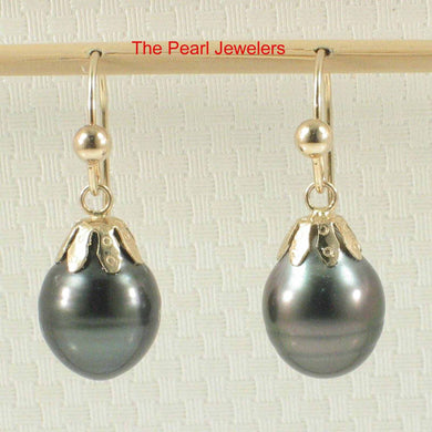 14k Yellow Gold Flower Cap Fish Hook Black Tahitian Pearl Earrings