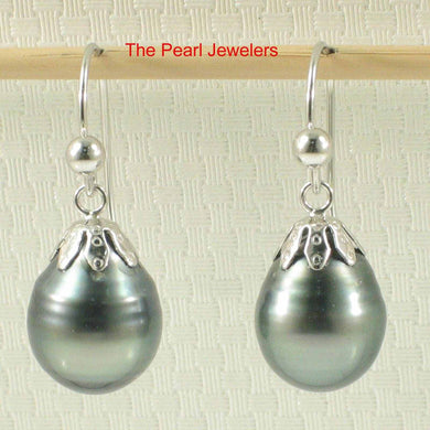 14k White Gold Flower Cap Fish Hook Black Tahitian Pearl Earrings