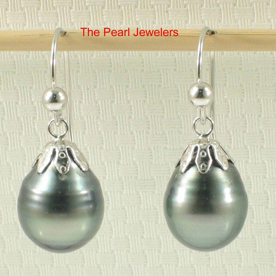 14k White Gold Flower Cap Fish Hook Black Tahitian Pearl Earrings