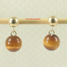 Load image into Gallery viewer, Gemstone Brown Tiger-Eye Dangle Stud Earrings; 14k Yellow Solid Gold