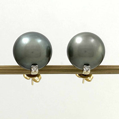 Genuine Tahitian Pearl Diamond Stud Earrings – 14k Yellow Gold