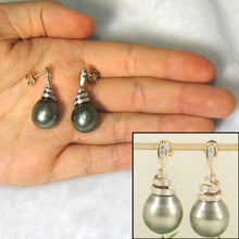 Load image into Gallery viewer, Genuine Diamond &amp; Black Gray Tahitian Pearl 14k Yellow Gold Dangle Earrings