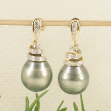 Load image into Gallery viewer, Genuine Diamond &amp; Black Gray Tahitian Pearl 14k Yellow Gold Dangle Earrings