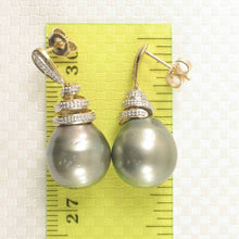Load image into Gallery viewer, Genuine Diamond &amp; Black Gray Tahitian Pearl 14k Yellow Gold Dangle Earrings