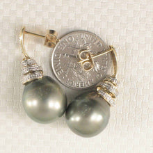 Load image into Gallery viewer, Genuine Diamond &amp; Black Gray Tahitian Pearl 14k Yellow Gold Dangle Earrings
