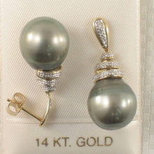 Load image into Gallery viewer, Genuine Diamond &amp; Black Gray Tahitian Pearl 14k Yellow Gold Dangle Earrings