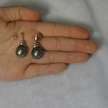 Load image into Gallery viewer, Genuine Diamond &amp; Black Gray Tahitian Pearl 14k Yellow Gold Dangle Earrings