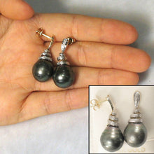 Load image into Gallery viewer, Genuine Diamond &amp; Black Tahitian Pearl 14k Yellow Gold Dangle Earrings