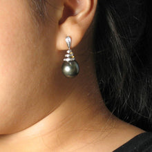Load image into Gallery viewer, Genuine Diamond &amp; Black Tahitian Pearl 14k Yellow Gold Dangle Earrings