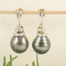 Load image into Gallery viewer, Genuine Diamond &amp; Black Tahitian Pearl 14k Yellow Gold Dangle Earrings