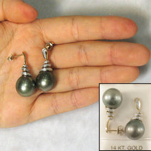 Load image into Gallery viewer, Genuine Diamond &amp; Gray Green Tahitian Pearl 14k Yellow Gold Dangle Earrings