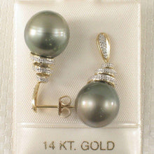 Load image into Gallery viewer, Genuine Diamond &amp; Gray Green Tahitian Pearl 14k Yellow Gold Dangle Earrings