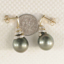 Load image into Gallery viewer, Genuine Diamond &amp; Gray Green Tahitian Pearl 14k Yellow Gold Dangle Earrings