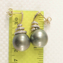 Load image into Gallery viewer, Genuine Diamond &amp; Gray Green Tahitian Pearl 14k Yellow Gold Dangle Earrings