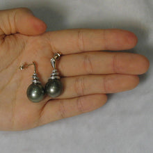 Load image into Gallery viewer, Genuine Diamond &amp; Gray Green Tahitian Pearl 14k Yellow Gold Dangle Earrings