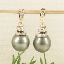 Load image into Gallery viewer, Genuine Diamond &amp; Gray Green Tahitian Pearl 14k Yellow Gold Dangle Earrings
