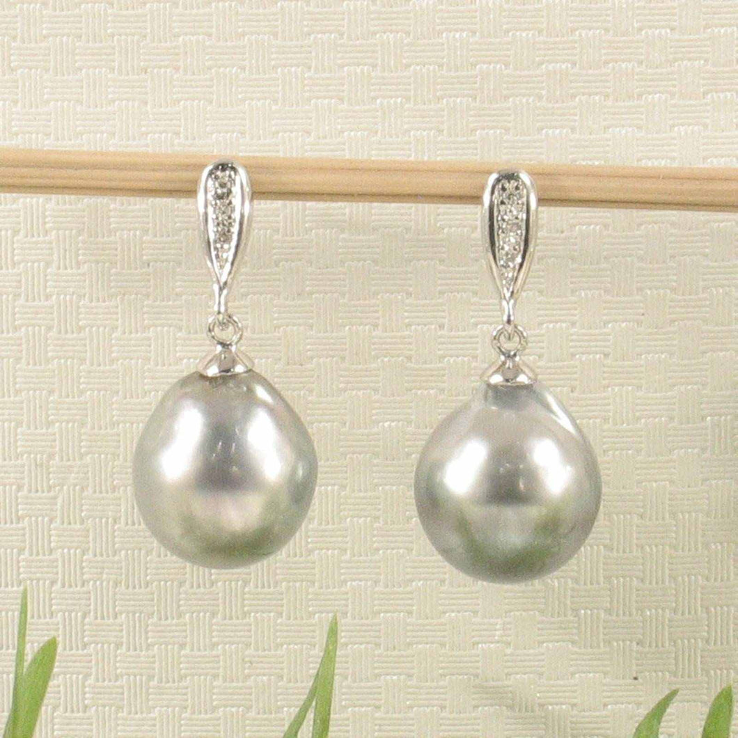 Genuine Diamonds & Tahitian Pearl Dangle Earrings – 14k White Gold
