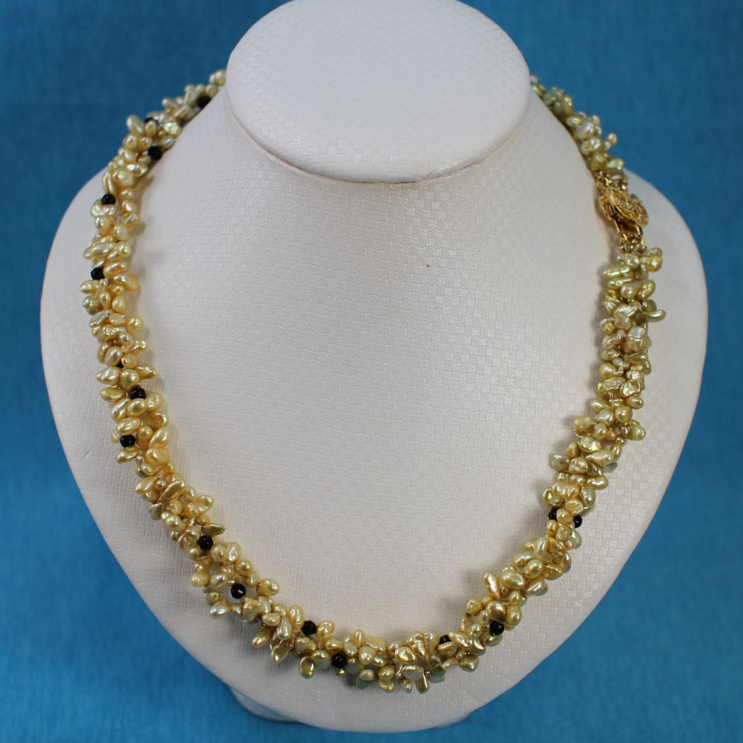 Golden-Green Keshi Pearl & Black Onyx Necklace