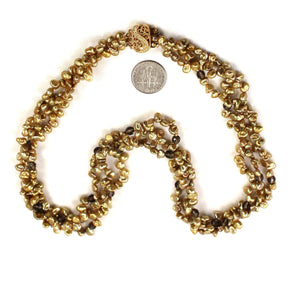 Three-Strand Golden-Green Keshi Pearl Necklace with Smoky Quartz