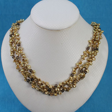 Three-Strand Golden-Green Keshi Pearl Necklace with Smoky Quartz