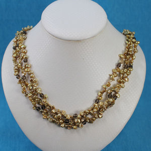 Three-Strand Golden-Green Keshi Pearl Necklace with Smoky Quartz