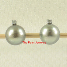 Load image into Gallery viewer, Charming Gray Green Tahitian Pearl Diamond Stud Earrings – 14k White Gold