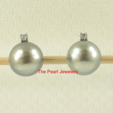 Charming Gray Green Tahitian Pearl Diamond Stud Earrings – 14k White Gold