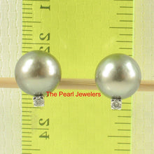Load image into Gallery viewer, Charming Gray Green Tahitian Pearl Diamond Stud Earrings – 14k White Gold