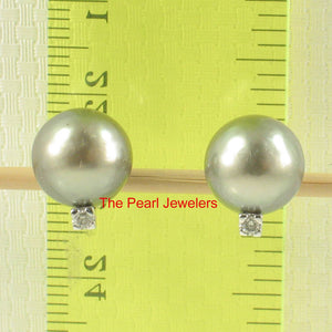 Charming Gray Green Tahitian Pearl Diamond Stud Earrings – 14k White Gold