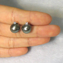 Load image into Gallery viewer, Charming Gray Green Tahitian Pearl Diamond Stud Earrings – 14k White Gold