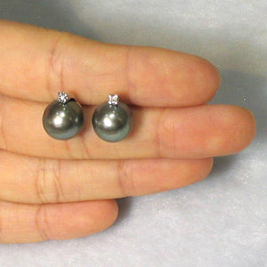 Charming Gray Green Tahitian Pearl Diamond Stud Earrings – 14k White Gold