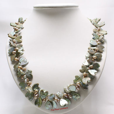 Green Heart Coin & Champagne Rice Pearl Necklace – 925 Silver Toggle Clasp