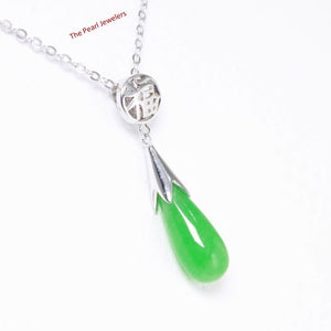 Green Jade “FU” Raindrop Sterling Silver Pendant
