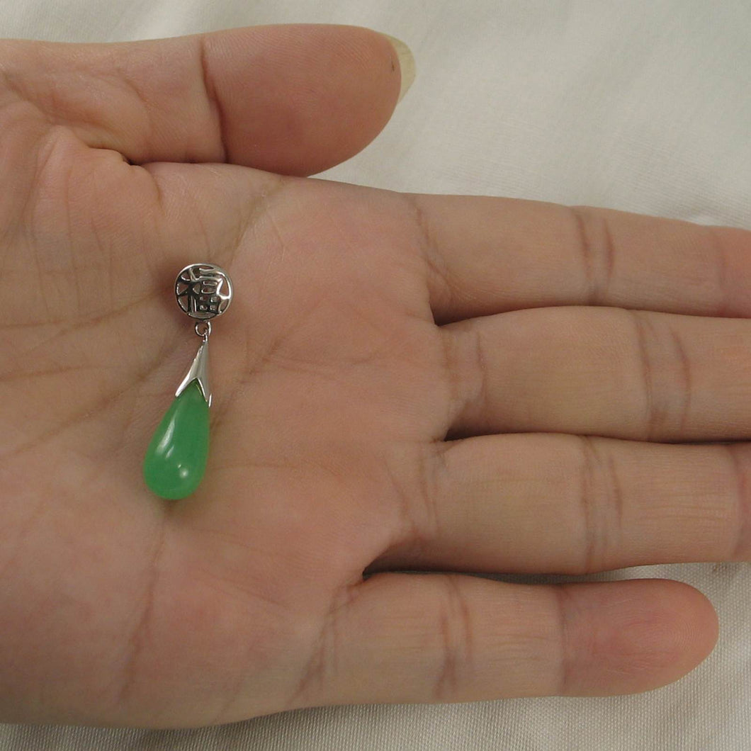 Green Jade “FU” Raindrop Sterling Silver Pendant