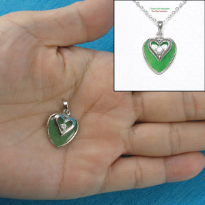 Green Jade Heart CZ Sterling Silver Pendant