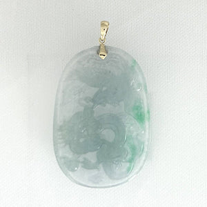 Hand Carved Dragon & Phoenix Apple Green Jade 14k Yellow Gold Bale Pendant
