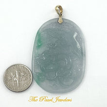 Load image into Gallery viewer, Hand Carved Dragon &amp; Phoenix Apple Green Jade 14k Yellow Gold Bale Pendant Necklace