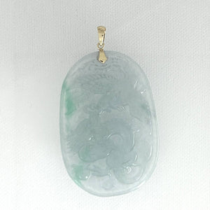 Hand Carved Dragon & Phoenix Apple Green Jade 14k Yellow Gold Bale Pendant Necklace
