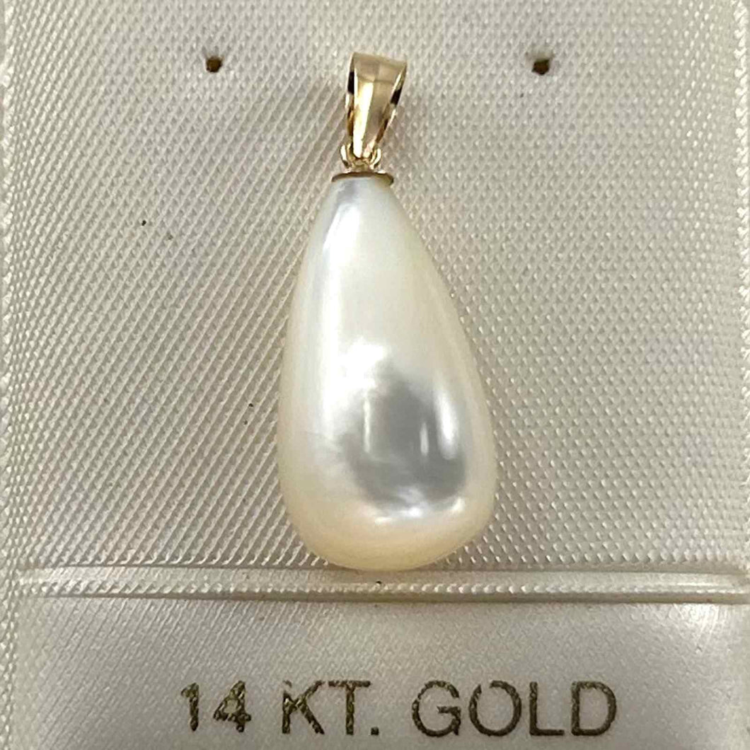 Hand Carved Tear Drop White Mother of Pearl 14k Gold Bale Pendant Necklace