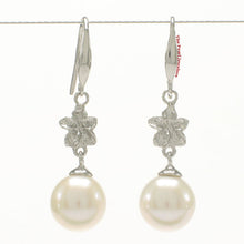Load image into Gallery viewer, Solid 14k White Gold Hawaiian Plumeria Round White Cultured Pearl Hook Earrings