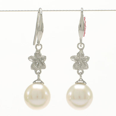 Solid 14k White Gold Hawaiian Plumeria Round White Cultured Pearl Hook Earrings